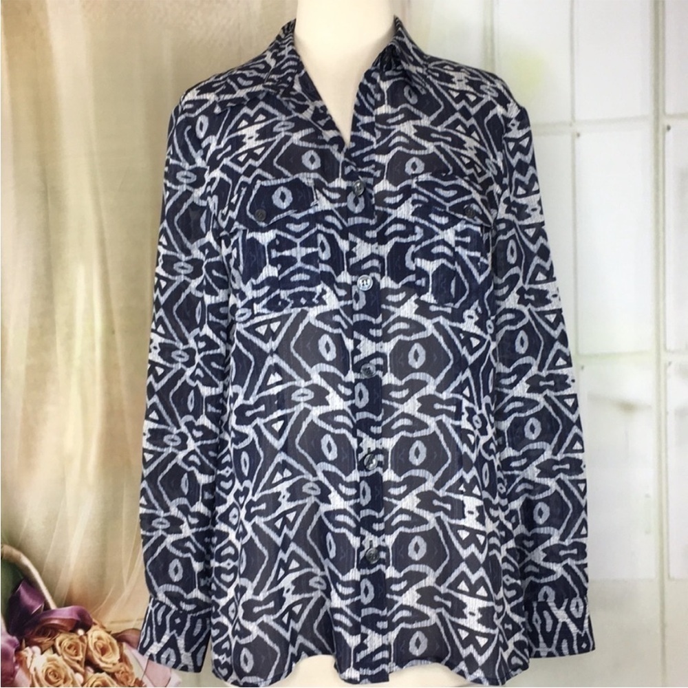 ANNE Klein Navy Blue Sheer Blouse M